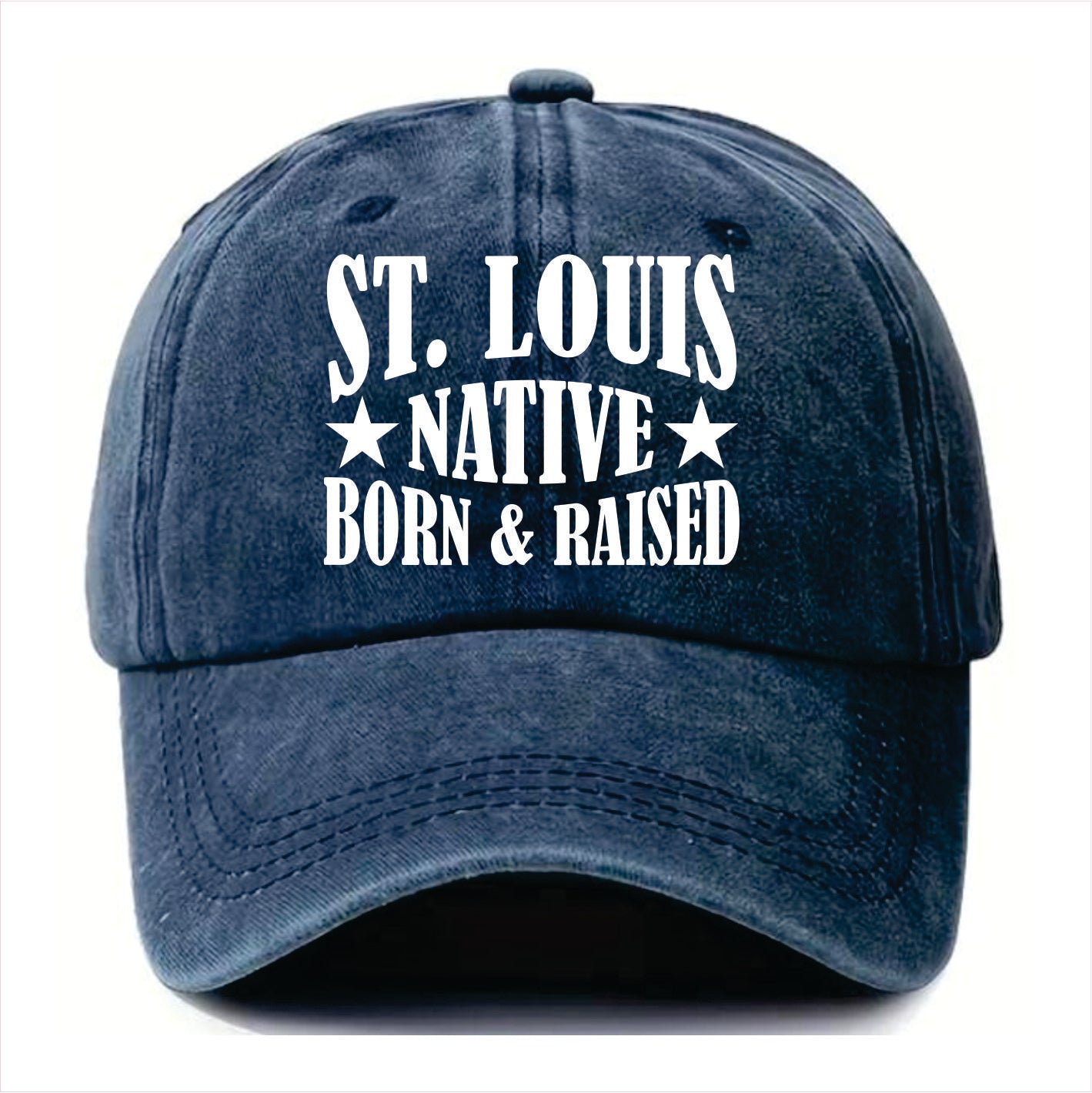 Blue cap with 'St. Louis Native Born & Raised' text on a white background