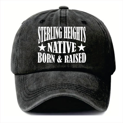 Black cap with 'Sterling Heights Native Born & Raised' text on a white background