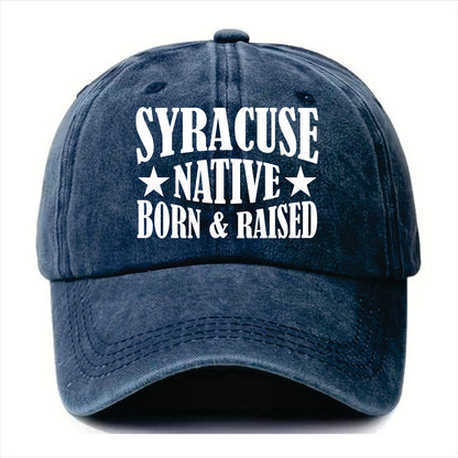 Blue cap with 'Syracuse Native Born & Raised' text on a white background