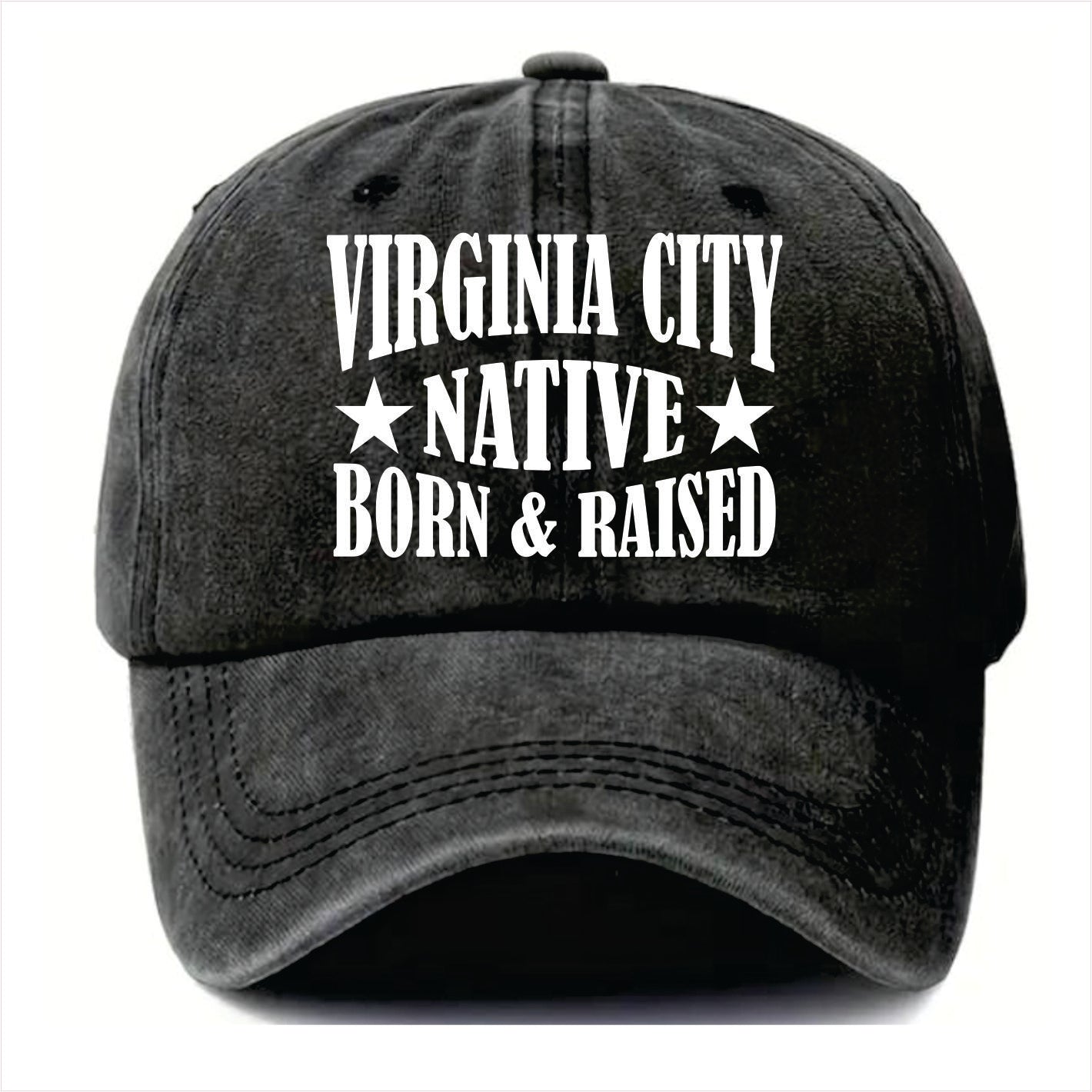 Black cap with 'Virginia City Native Born & Raised' text on a white background