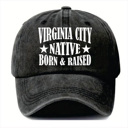 Black cap with 'Virginia City Native Born & Raised' text on a white background