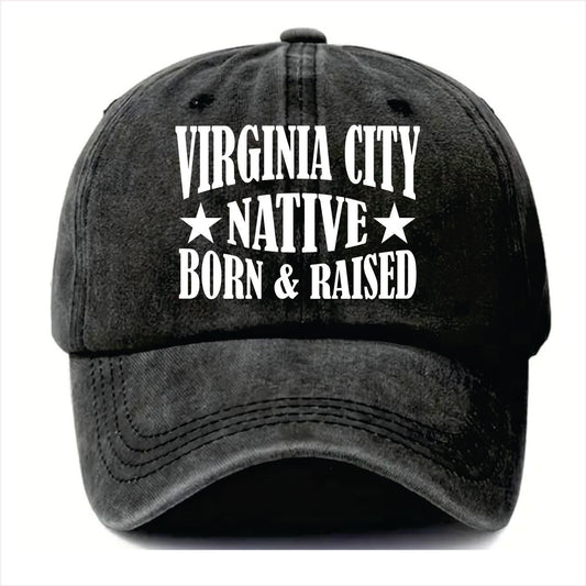 Black cap with 'Virginia City Native Born & Raised' text on a white background