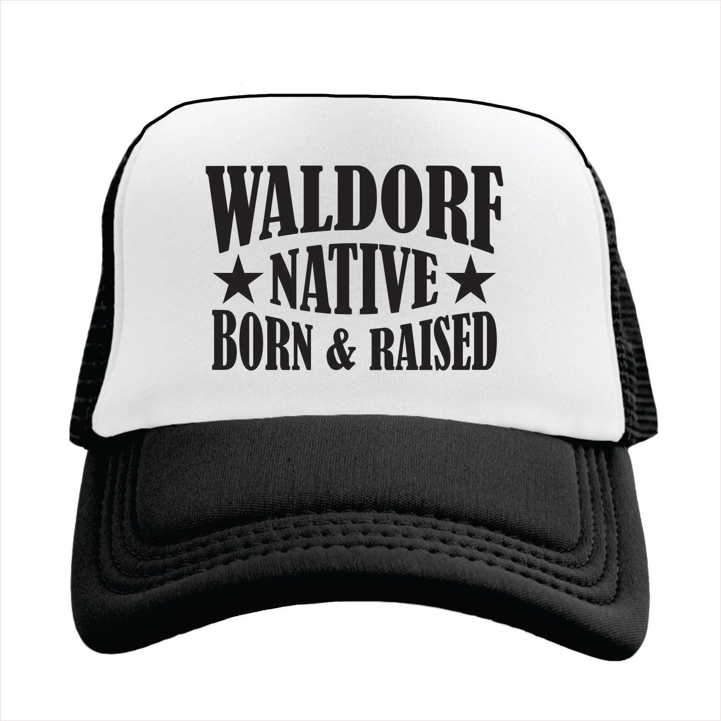 Black and white cap with 'Waldorf Native Born & Raised' text on a white background