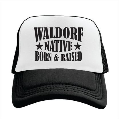 Black and white cap with 'Waldorf Native Born & Raised' text on a white background