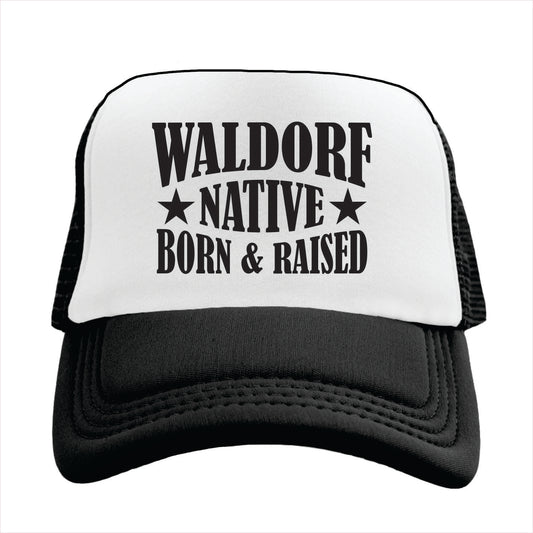 Black and white cap with 'Waldorf Native Born & Raised' text on a white background