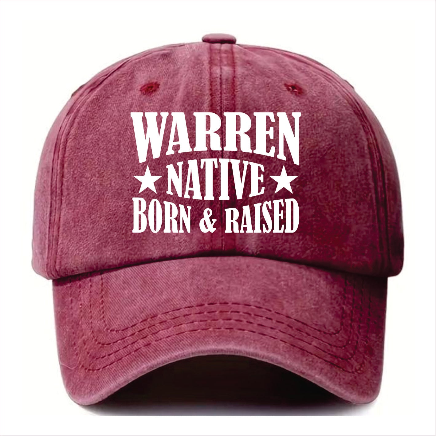 Burgundy cap with 'Warren Native Born & Raised' text on a white background