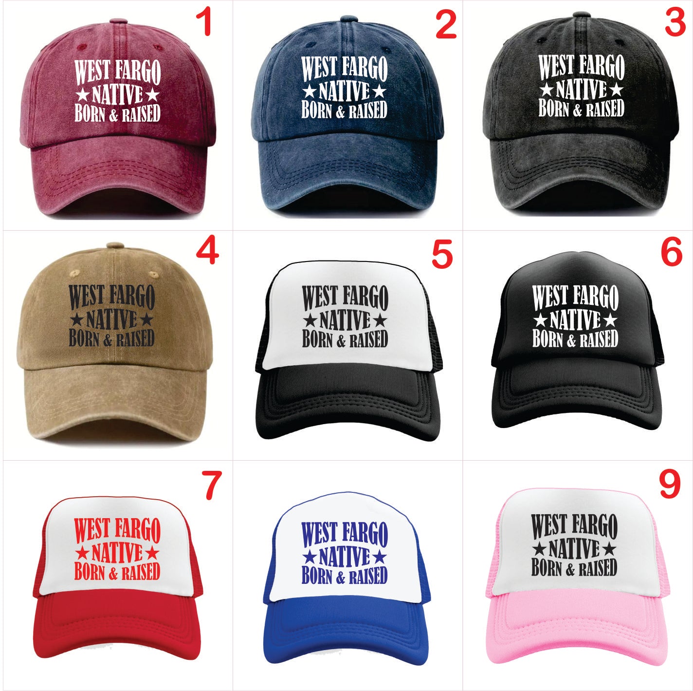 Nine baseball caps with 'West Fargo Native Born & Raised' text in various colors on a white background.