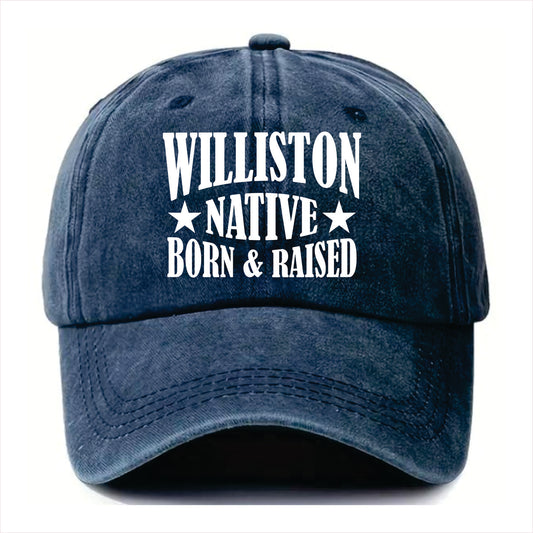 Blue cap with 'WILLISTON NATIVE BORN & RAISED' text on a white background