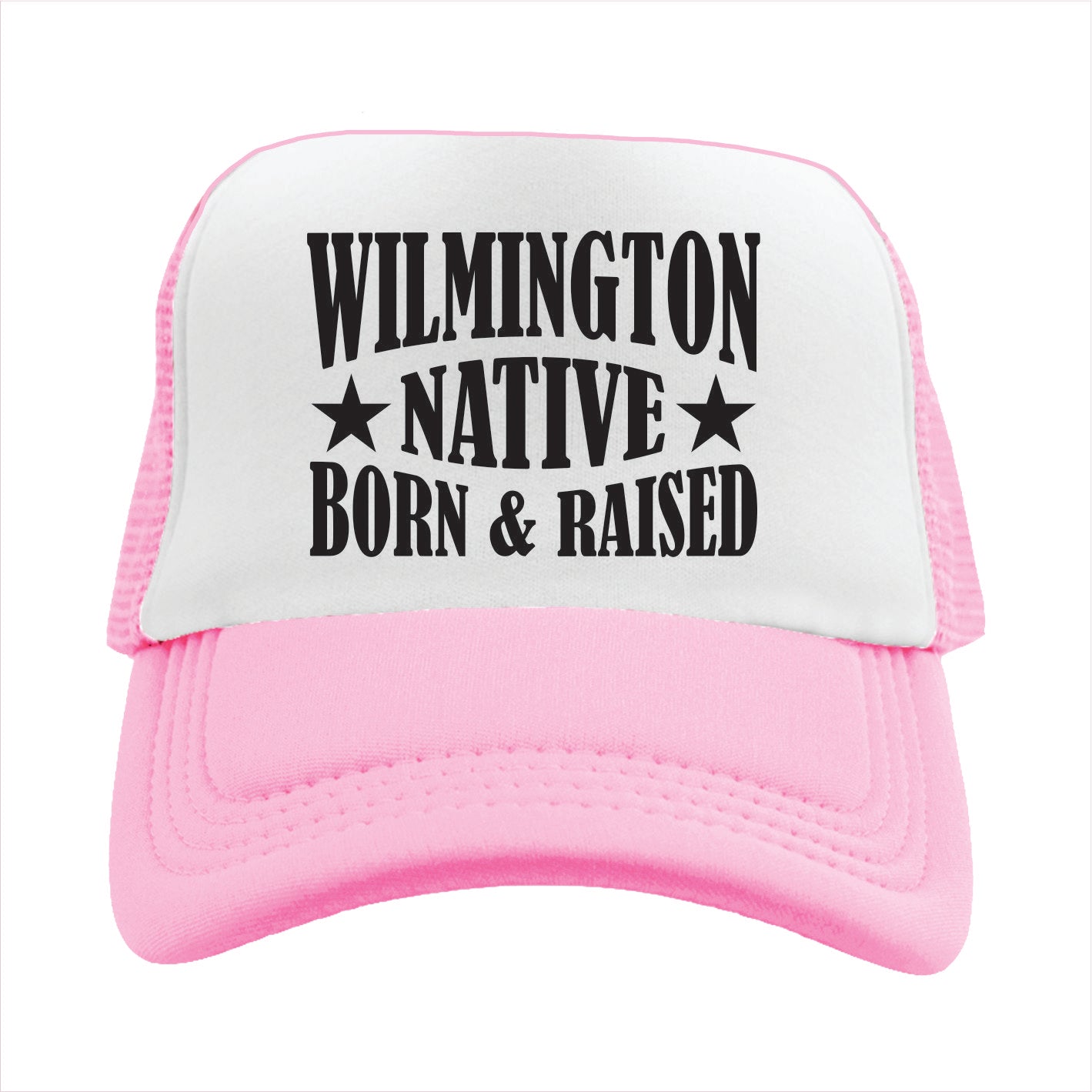 Pink and white cap with 'Wilmington Native Born & Raised' text on a white background