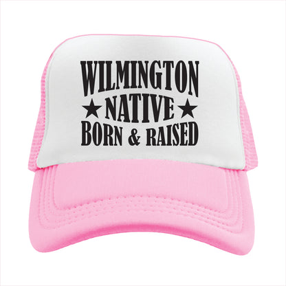 Pink and white cap with 'Wilmington Native Born & Raised' text on a white background