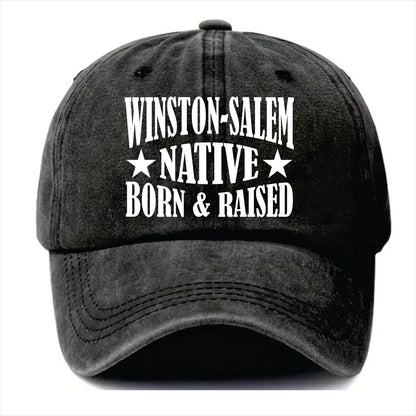 Black cap with 'Winston-Salem Native Born & Raised' text on a white background