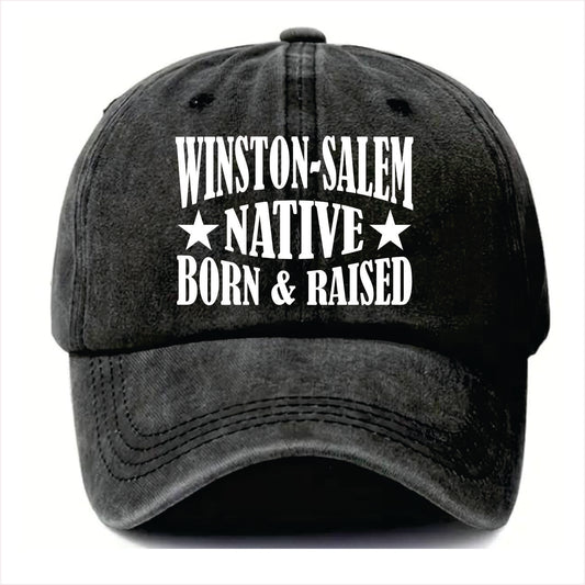 Black cap with 'Winston-Salem Native Born & Raised' text on a white background