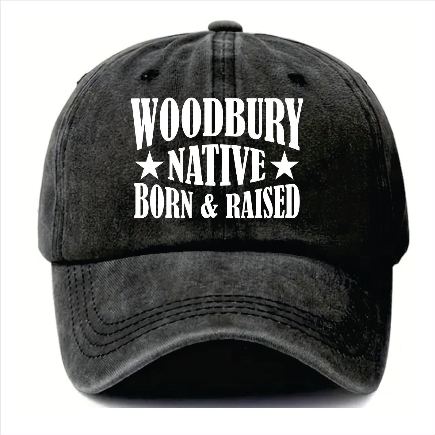 Black cap with 'Woodbury Native Born & Raised' text on a white background
