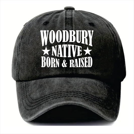 Black cap with 'Woodbury Native Born & Raised' text on a white background