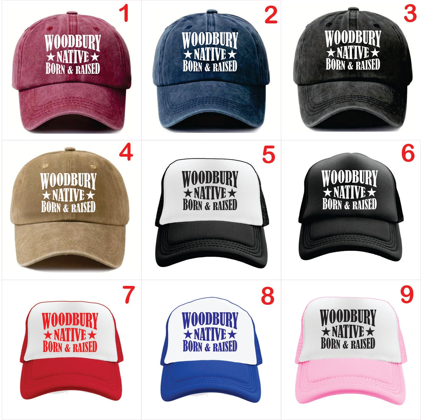 Nine baseball caps with 'Woodbury Native Born & Raised' text in various colors on a white background.