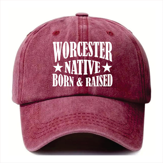 Burgundy cap with 'Worcester Native Born & Raised' text on a white background