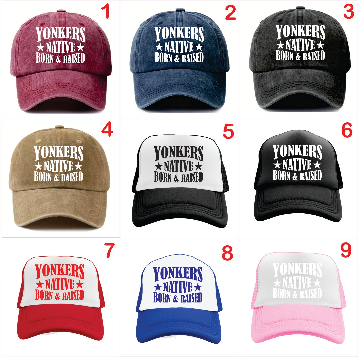 Nine baseball caps with 'Yonkers Native Born & Raised' text in various colors on a white background.