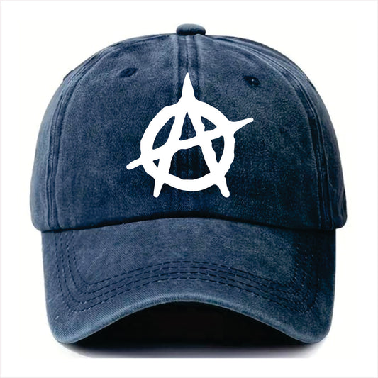 Blue cap with a white symbol on a white background