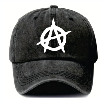 Black cap with a white symbol on a white background