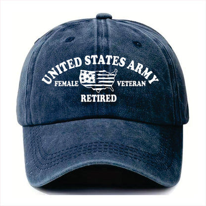 Blue cap with 'United States Army Female Veteran Retired' text on a white background