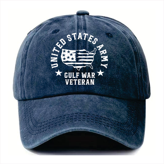 Blue cap with 'United States Army Gulf War Veteran' text and flag design on a white background