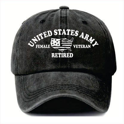 Black cap with 'United States Army Female Veteran Retired' text on a white background