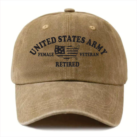 Khaki cap with 'United States Army Female Veteran Retired' text on a white background