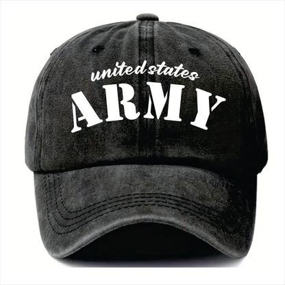 Black cap with 'United States Army' text on a white background