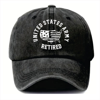 Black cap with 'United States Army Retired' text and flag design on a white background