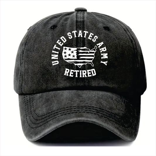 Black cap with 'United States Army Retired' text and flag design on a white background
