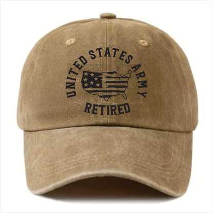 Khaki cap with 'United States Army Retired' text and flag design on a white background