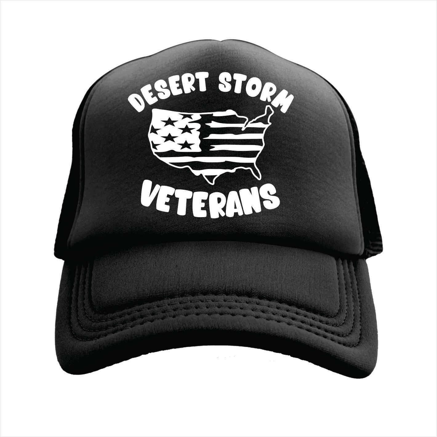 Black trucker hat cap with 'Desert Storm Veterans' text and American flag design on a white background