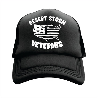 Black trucker hat cap with 'Desert Storm Veterans' text and American flag design on a white background