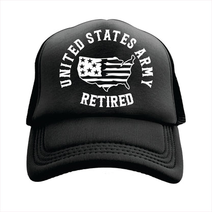 Black trucker hat cap with 'United States Army Retired' text and American flag design on a white background