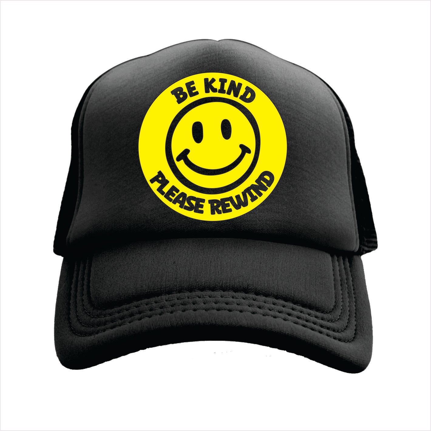 Black trucker hat with a round yellow sticker featuring a smiley face and the text 'BE KIND PLEASE REWIND' on the front.
