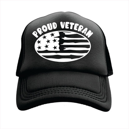 Black trucker hat cap with 'Proud Veteran' and American flag design on a white background