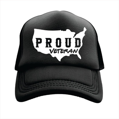 Black trucker hat cap with 'Proud Veteran' design on a white background