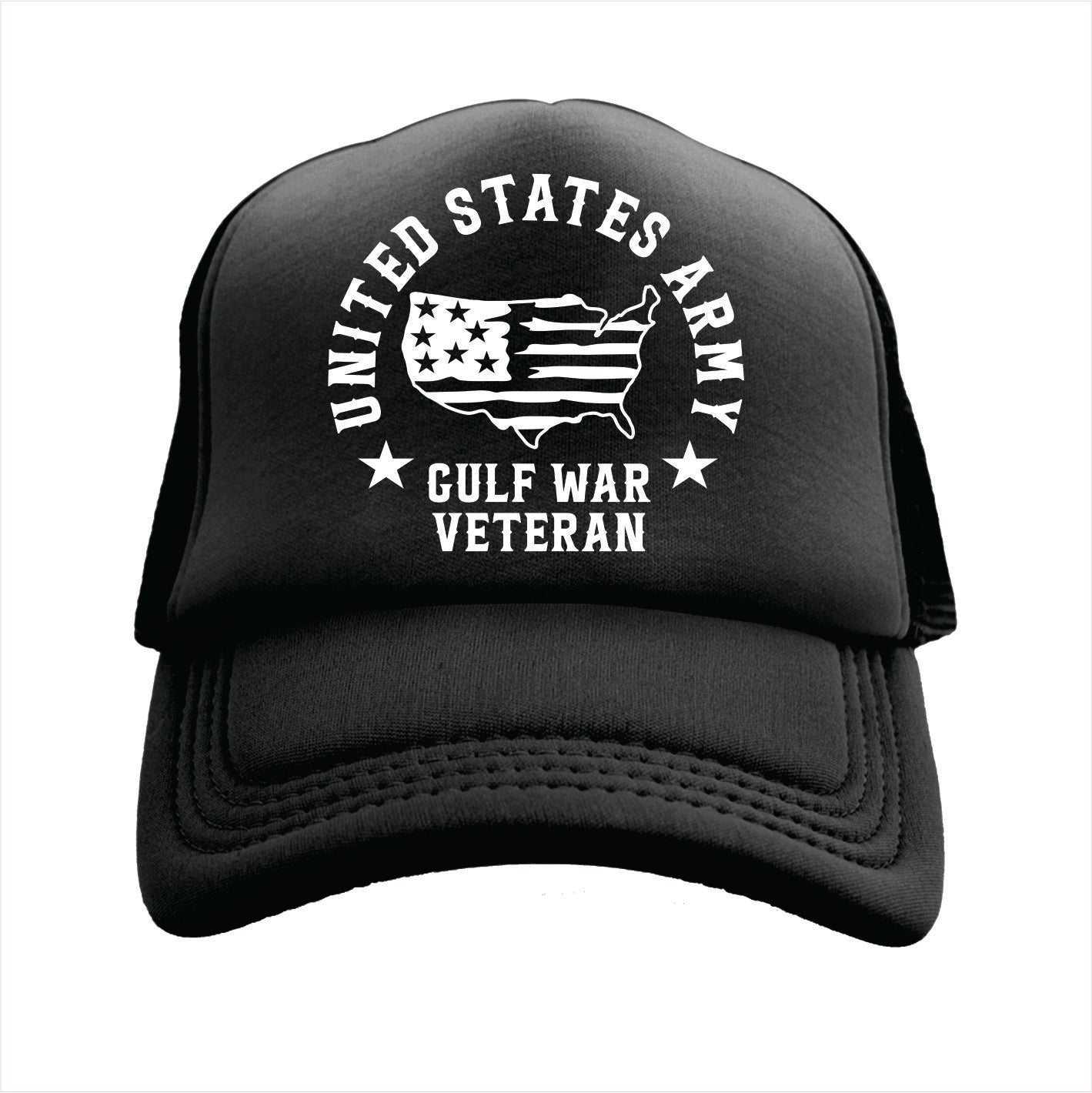 Black trucker hat cap with 'United States Army Gulf War Veteran' text and logo on a white background