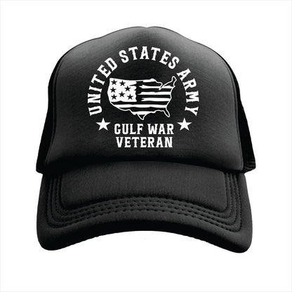 Black trucker hat cap with 'United States Army Gulf War Veteran' text and logo on a white background