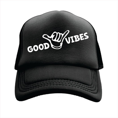 Black cap with 'Good Vibes' text and hand sign on a white background