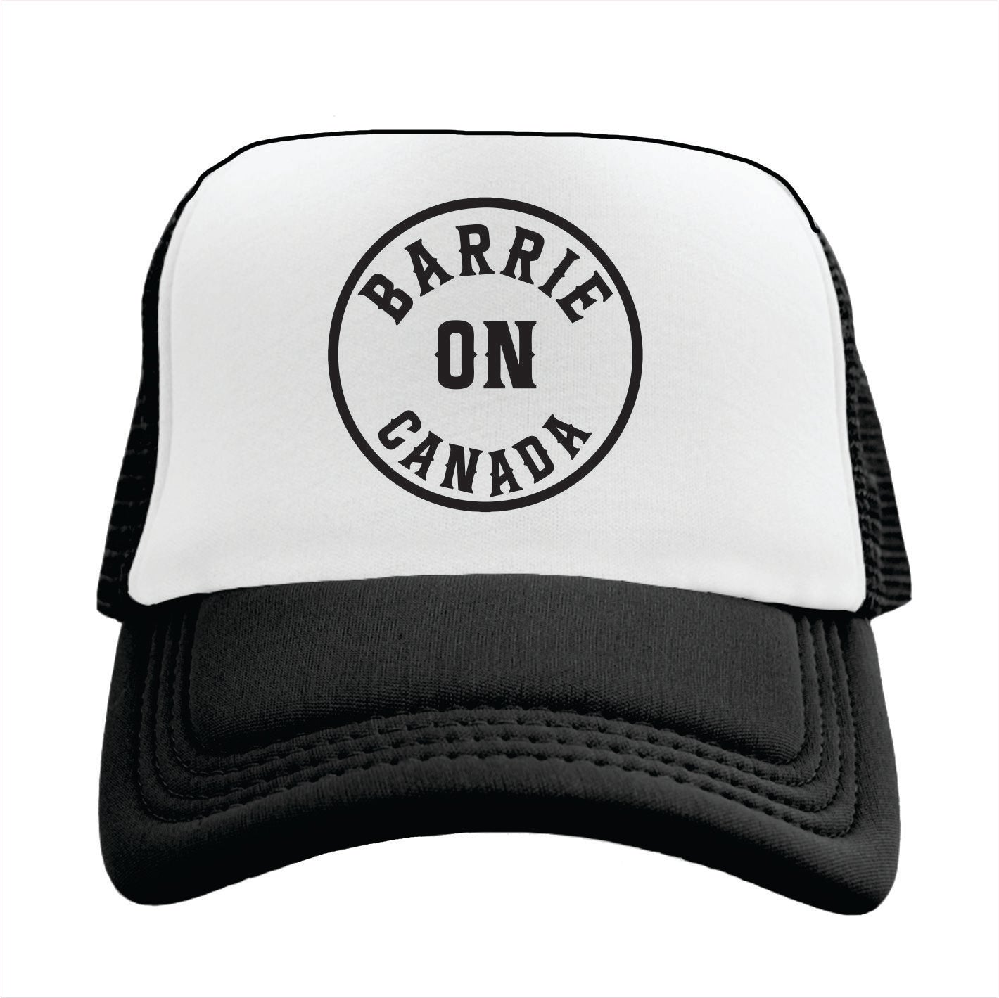 Black and white trucker hat with 'Barrie ON Canada' text on a white background