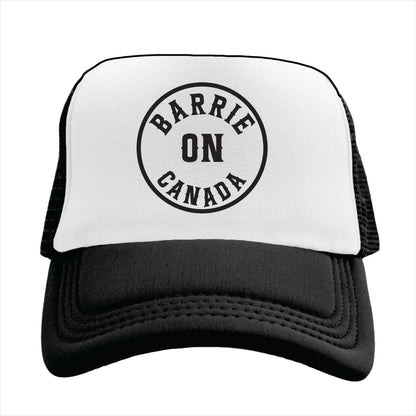 Black and white trucker hat with 'Barrie ON Canada' text on a white background