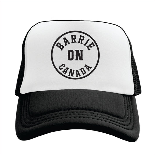 Black and white trucker hat with 'Barrie ON Canada' text on a white background