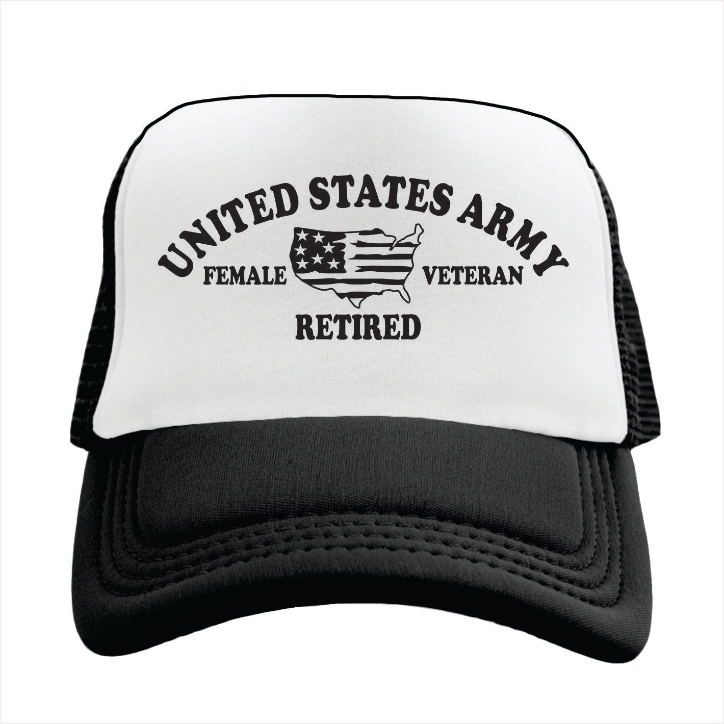 Black and white Trucker hat with 'United States Army Female Veteran Retired' text and American flag on a white background