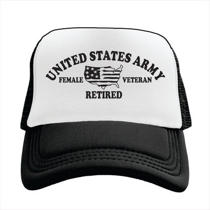 Black and white Trucker hat with 'United States Army Female Veteran Retired' text and American flag on a white background