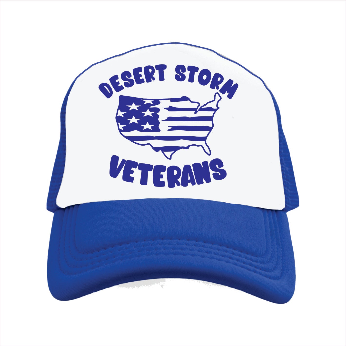 Blue and white trucker hat Cap with 'Desert Storm Veterans' text and American flag design on a white background