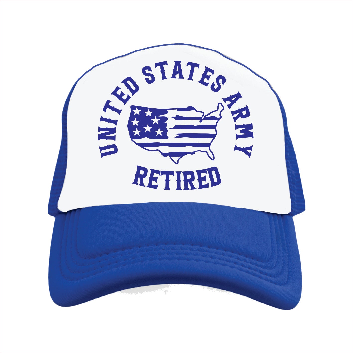 Blue and white trucker hat Cap with 'United States Army Retired' text and American flag design on a white background