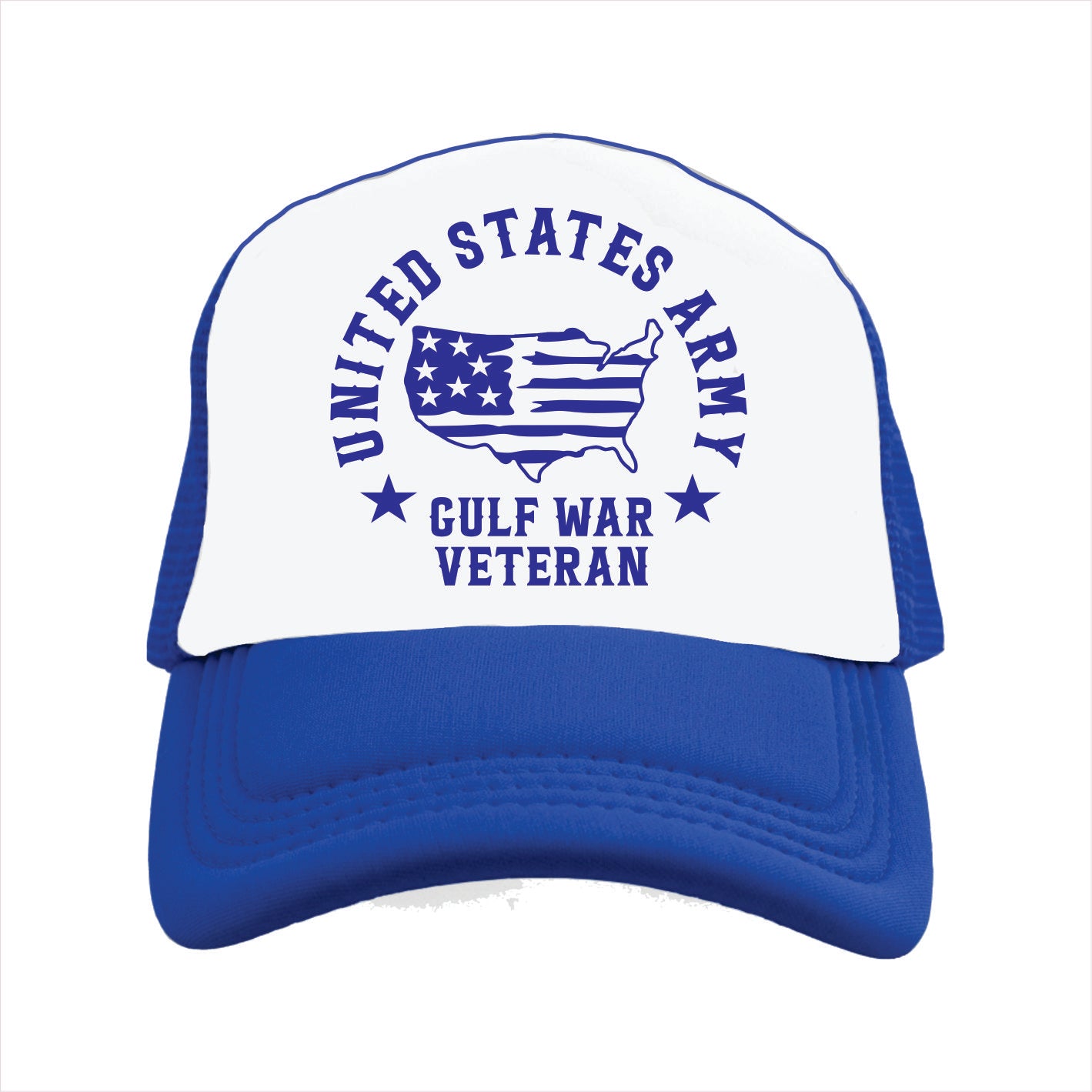 Blue and white trucker hat cap with 'United States Army Gulf War Veteran' text on a white background