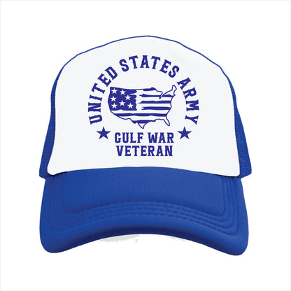 Blue and white trucker hat cap with 'United States Army Gulf War Veteran' text on a white background