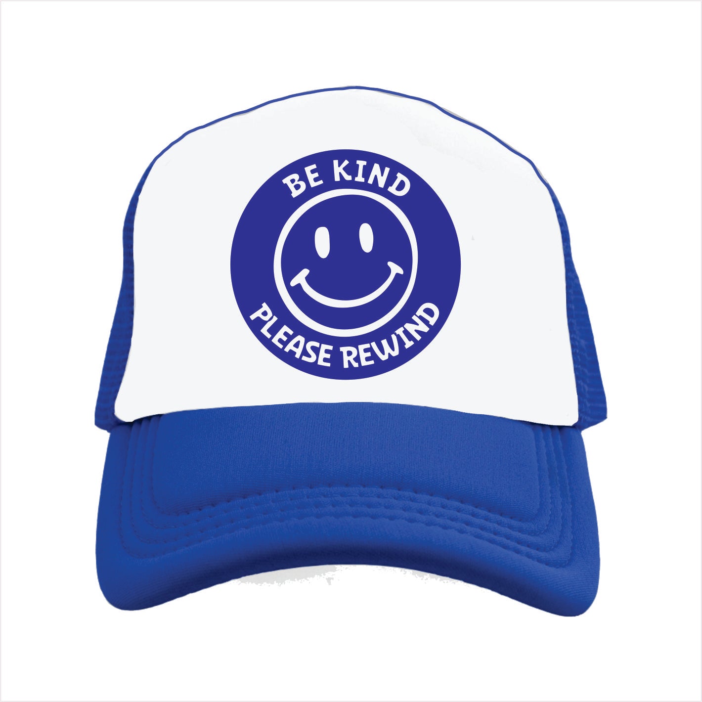 Blue and white  trucker hat with a round blue  featuring a smiley face and the text 'BE KIND PLEASE REWIND' on the front.